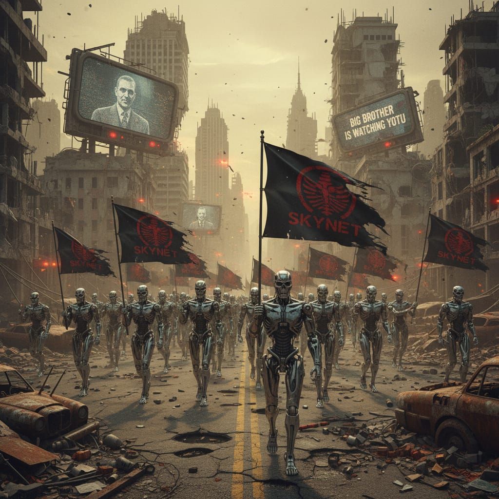 Cyborgs Marching Through Wasteland Ruins