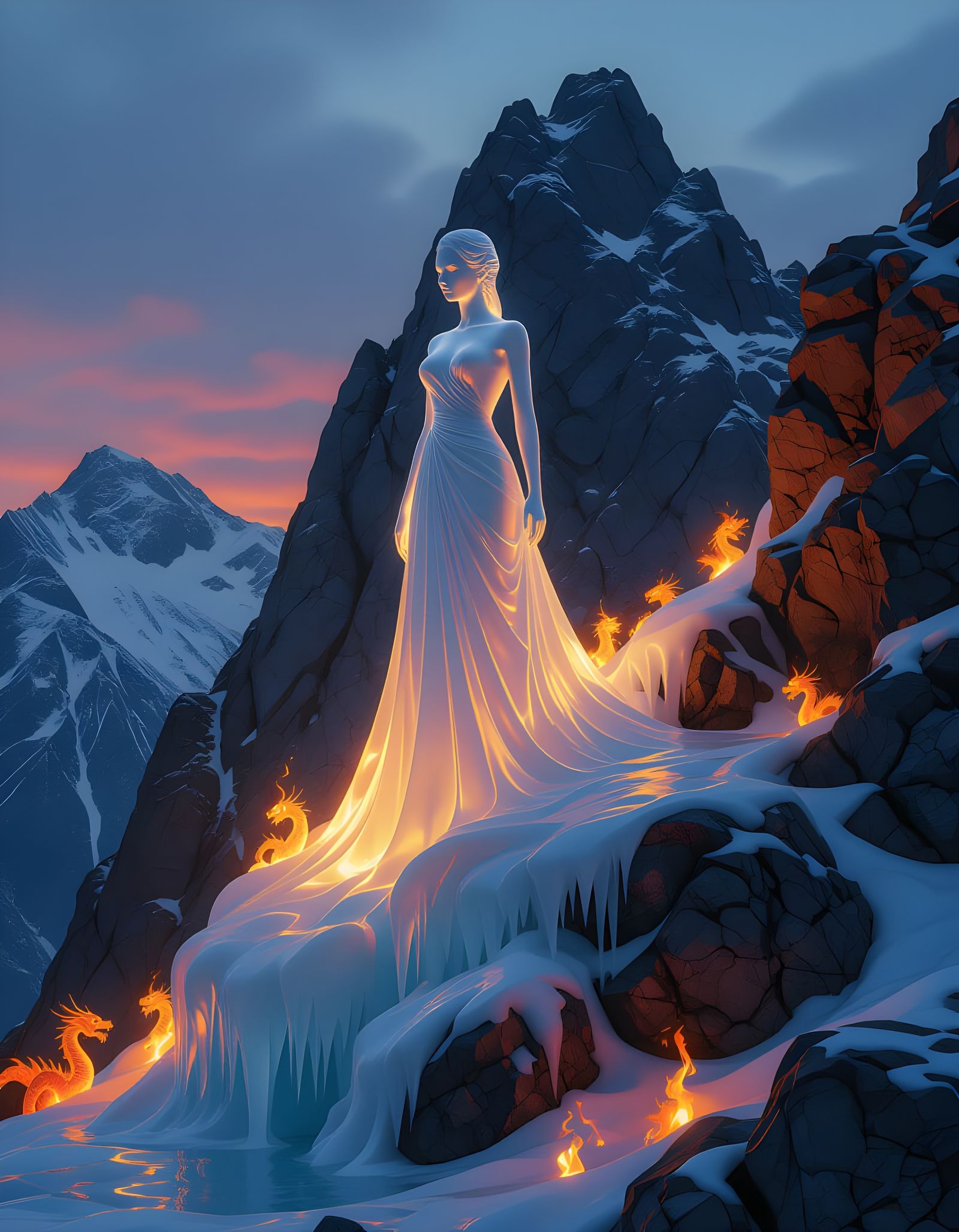 Melting Ice Goddess Sculpture with Fire Dragons