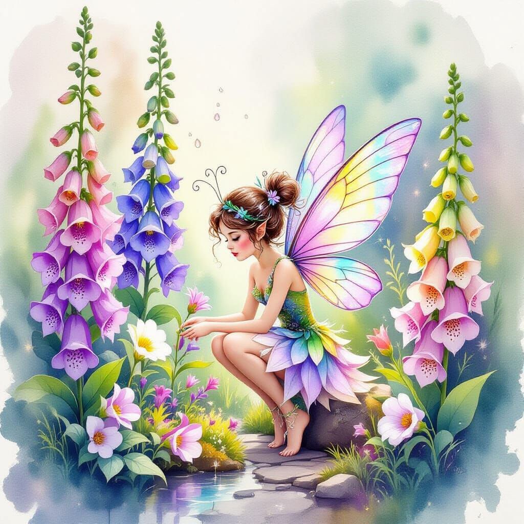 Watercolor Fairy in Giant Flower Garden