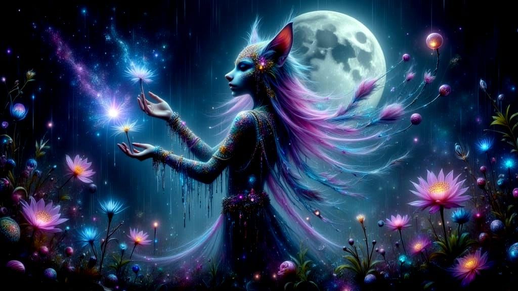 Majestic Cougar-Human Hybrid in Bioluminescent Forest