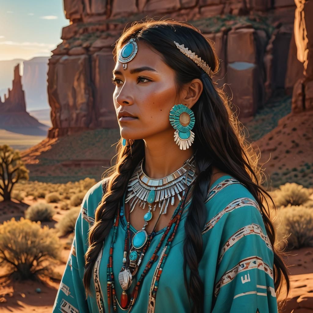 Native American Woman in Turquoise Jewelry: Ansel Adams Styl...