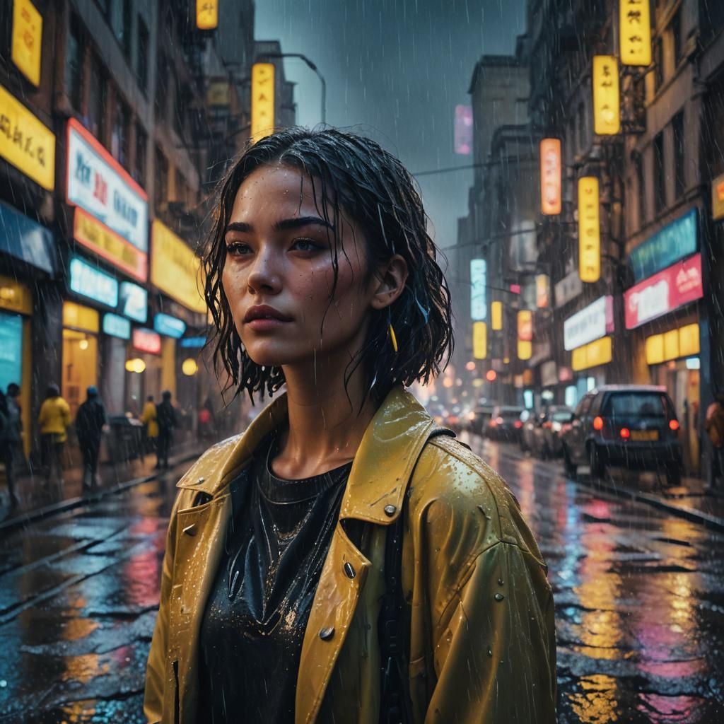 Neon Reflections: A Young Woman in Rainy Cityscape