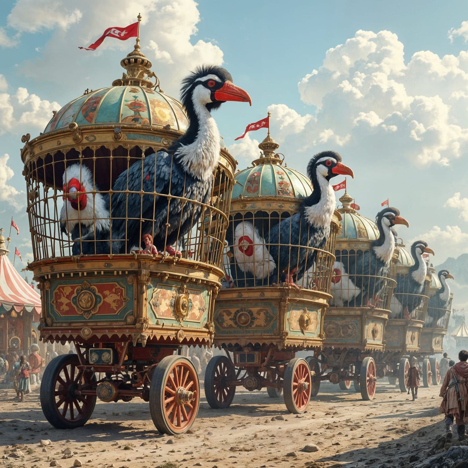 Giant Dodos in Ornate Circus Cages Fantasy Art