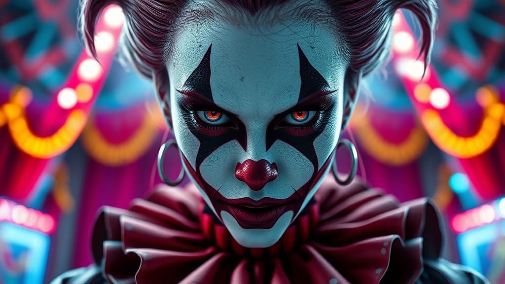 photo of a scary female cyberpunk clown on a Circus backgrou...