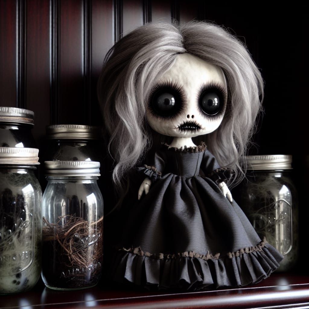 Eerie Chibi Doll in Gothic Charcoal Style