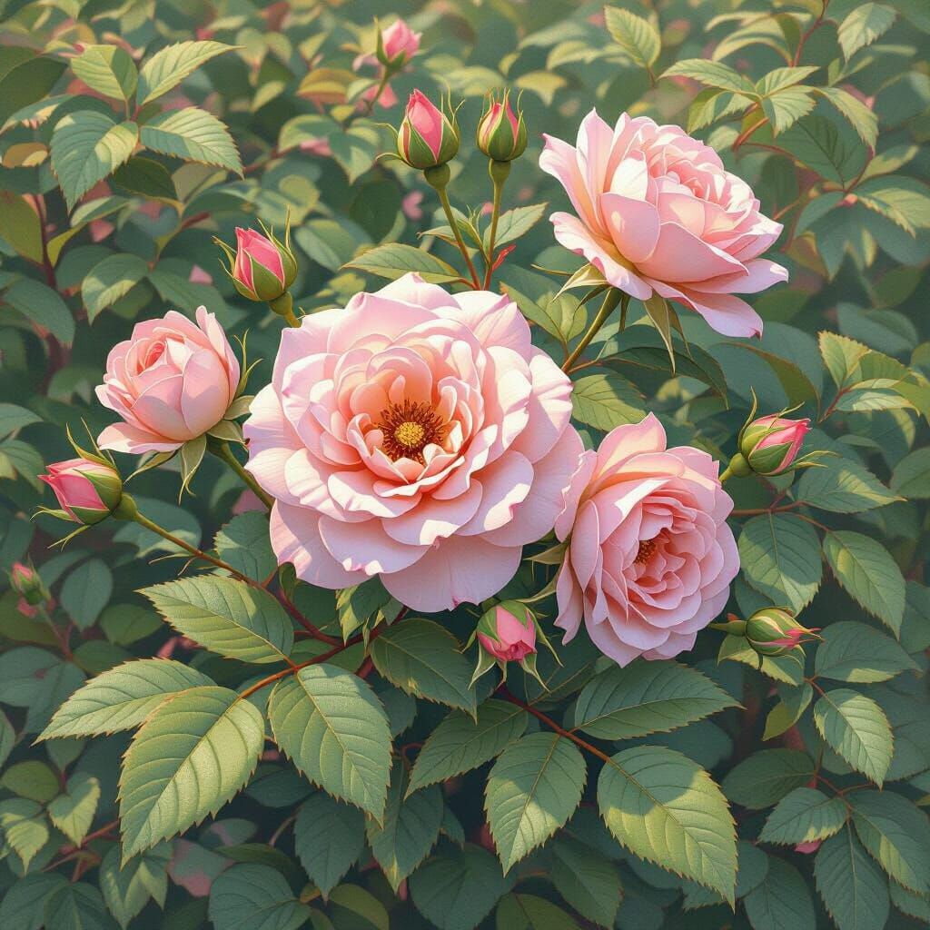 3D Anime Rosebuds with Lush Foliage