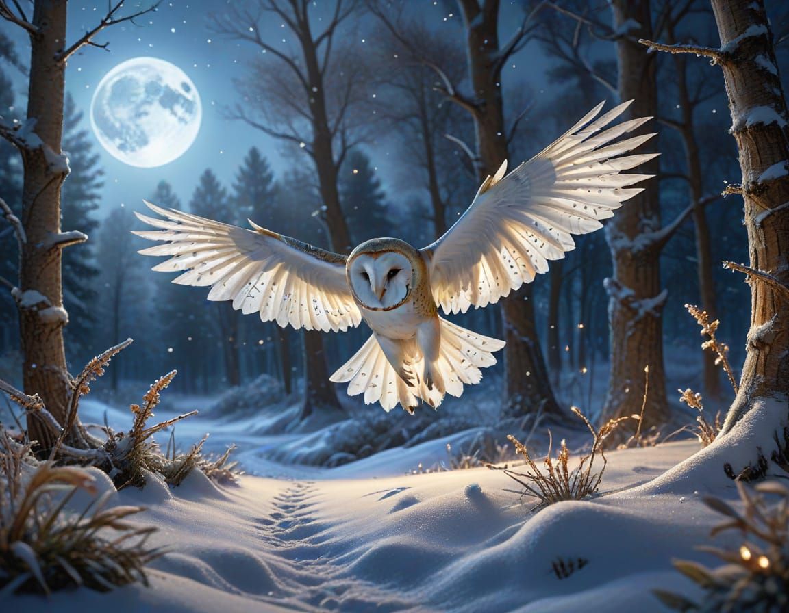 Barn Owl Hunting in Winter Woodland: Ethereal Fantasy