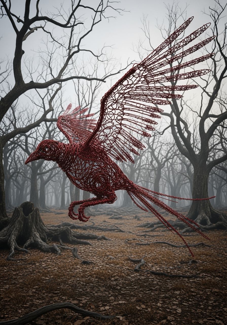 Surreal Wire Bird Flies Through Dead Forest