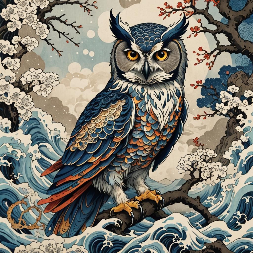 Owl Illustration in Hokusai Style with Calligraphy