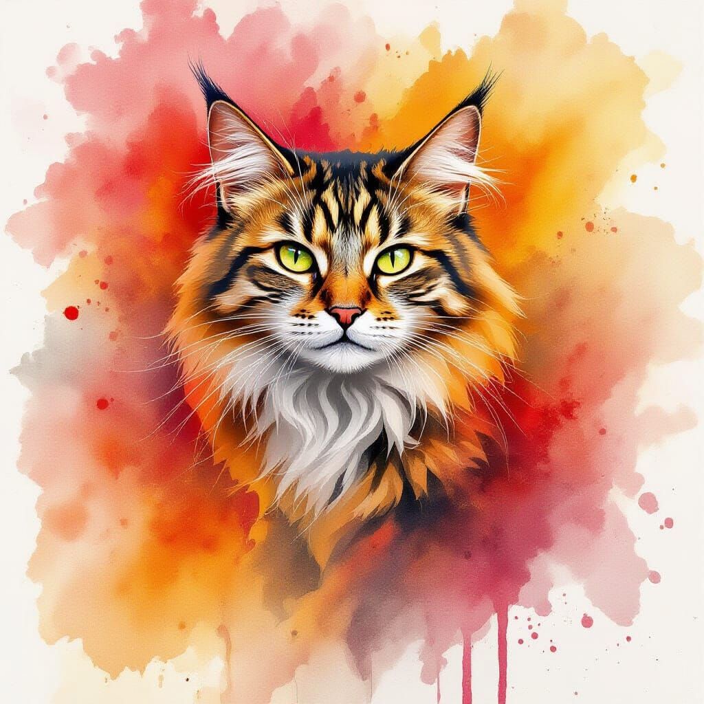 Fierce Cat in Fiery Watercolor Splashes