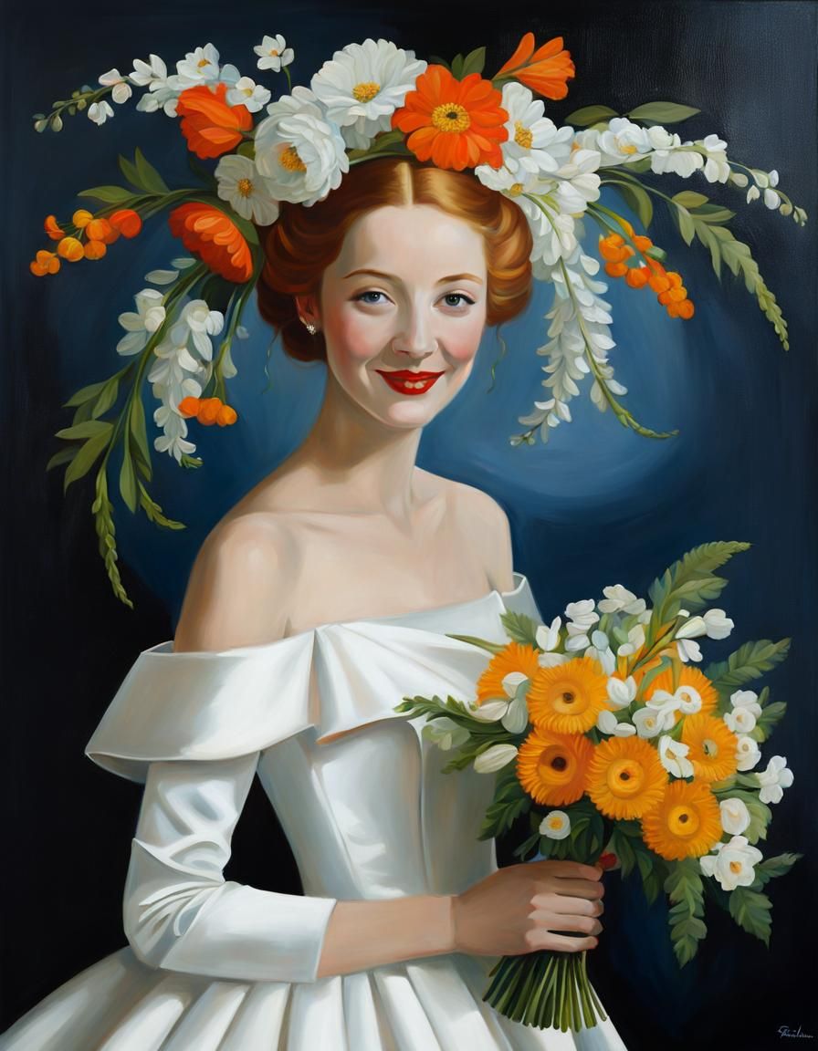 Smiling Bride Portrait in Surreal Oil Painting Style