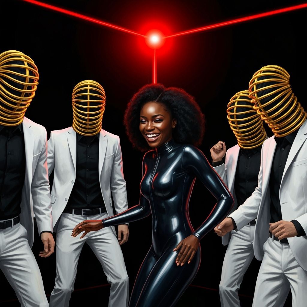 Woman in Metallic Latex at Nightclub, Tubular Gold Heads