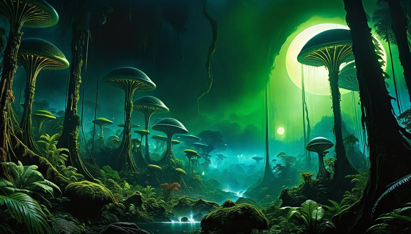 Hyperrealistic Alien Rainforest in Candy Art Style