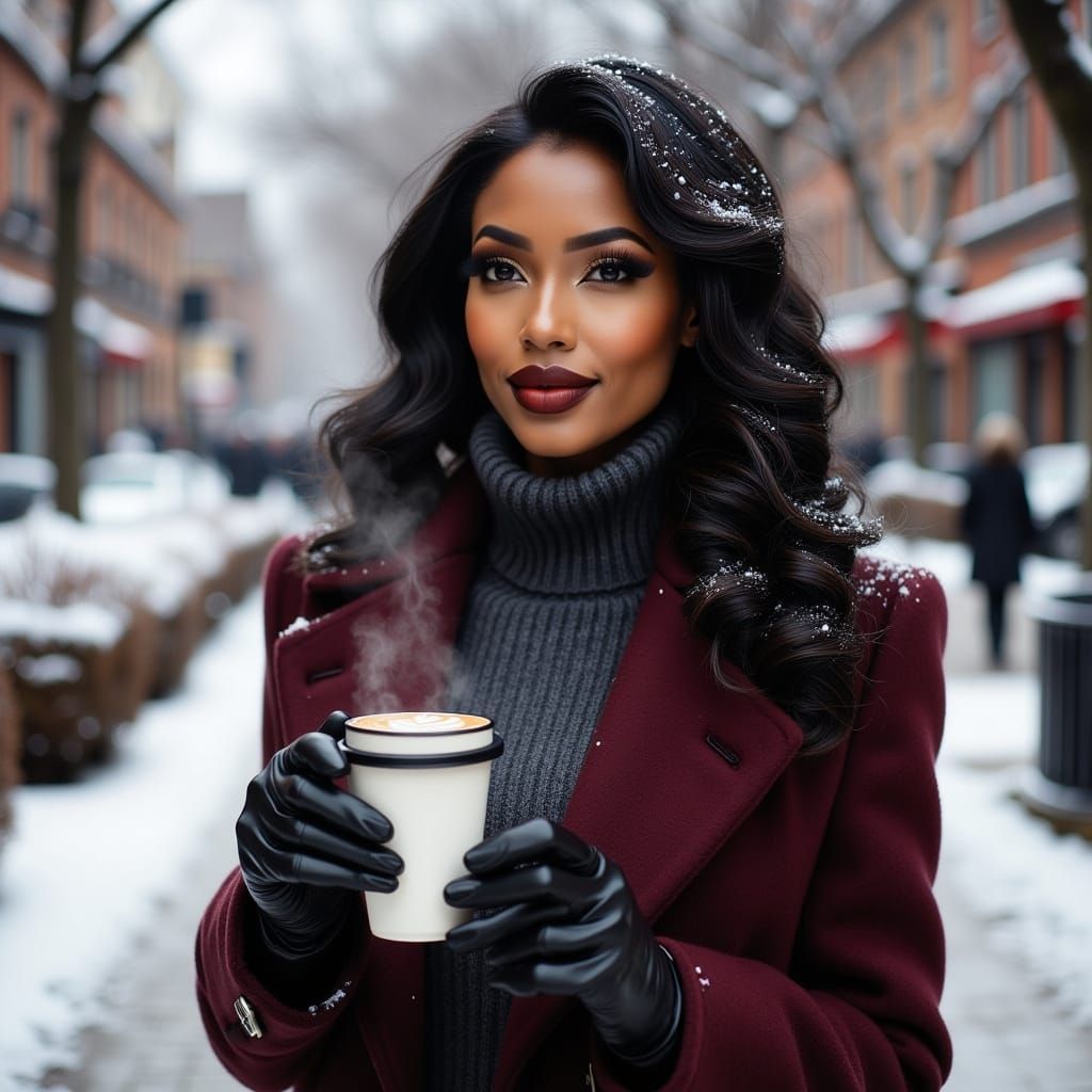 Elegant Woman with Coffee in Winter Scene