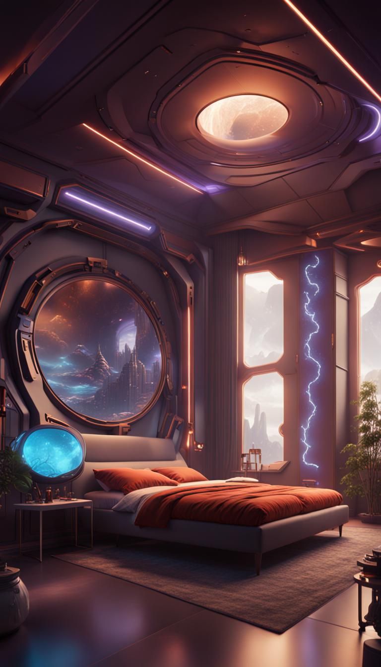 Futuristic Cozy Bedroom Interior in Detailed Matte Painting