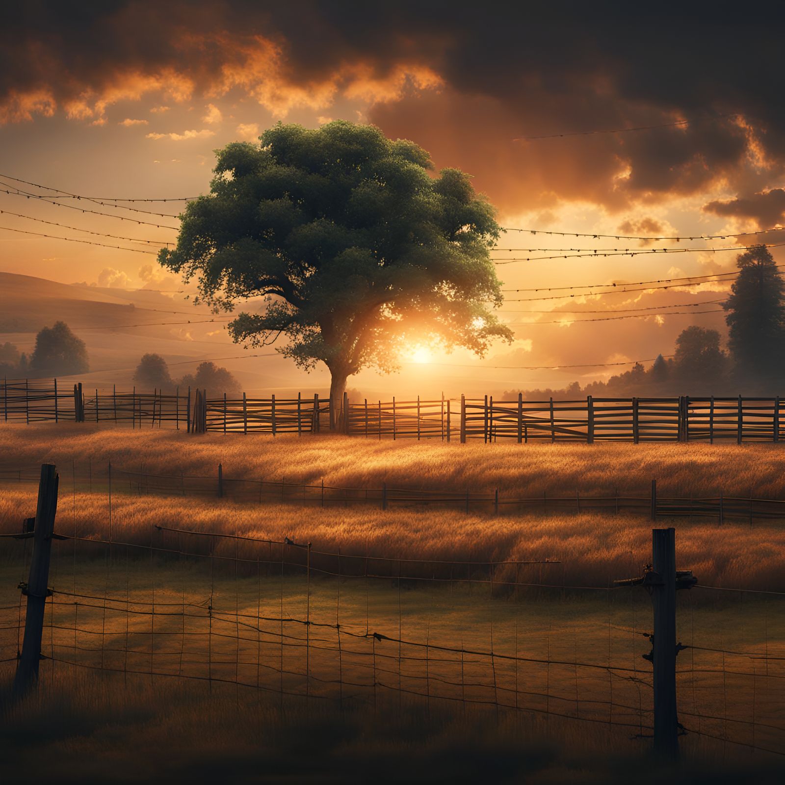 Sunset Tree Behind Farm Fence: Digital Matte Painting