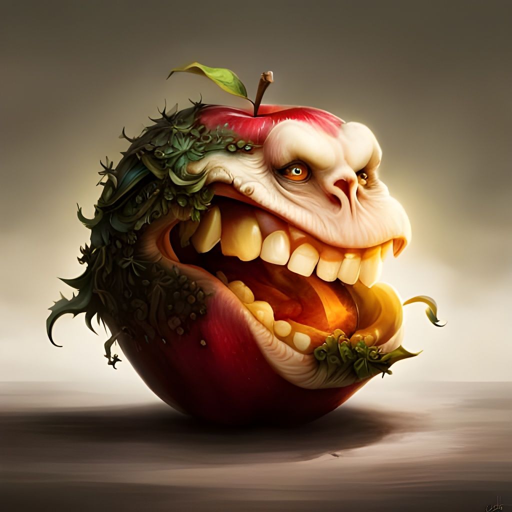 Happy Apple Eating a Worm in Fantasycore Style