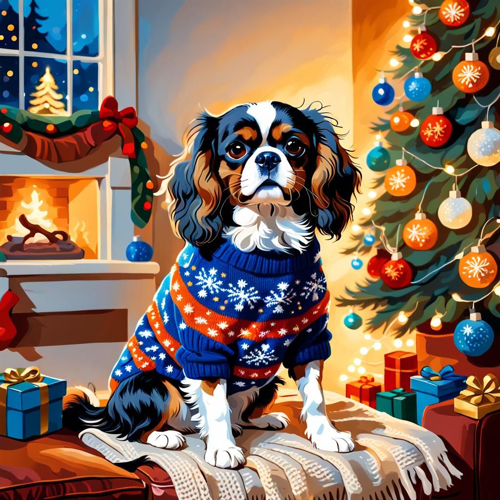 Festive King Charles Cavalier Portrait in Oil Painting Style