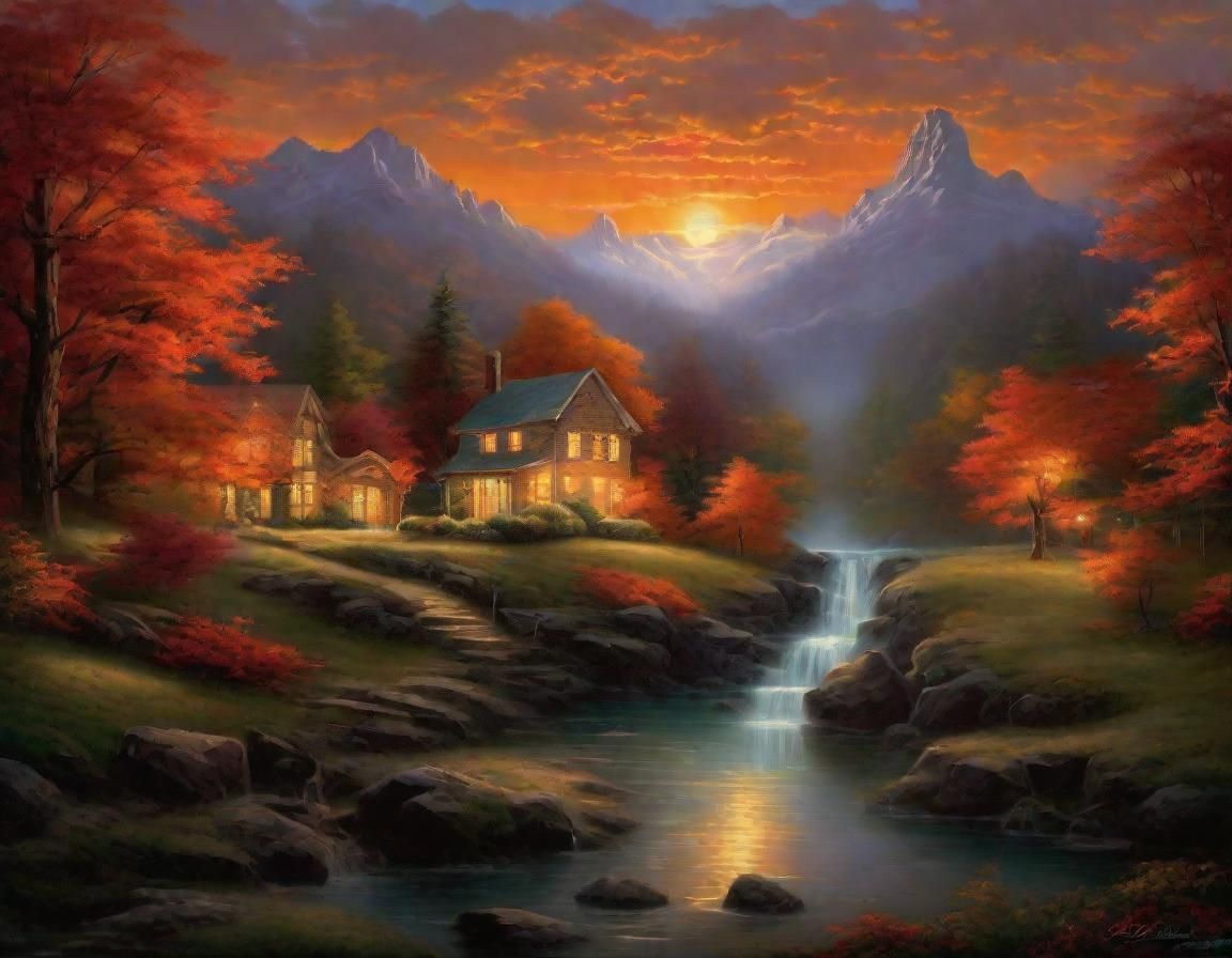Bioluminescent Autumn Mountains in Thomas Kinkade Style