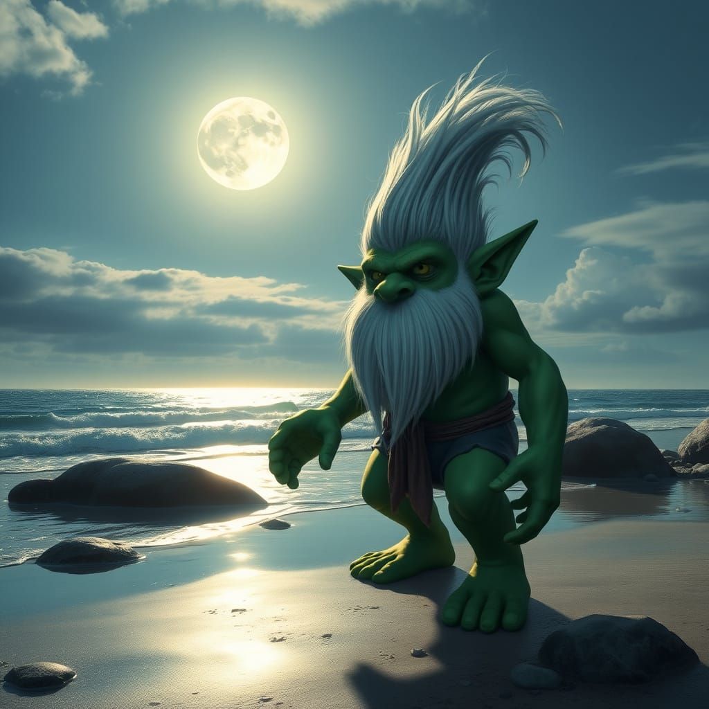 Handsome Troll Humanoid Stands on Moonlit Beach