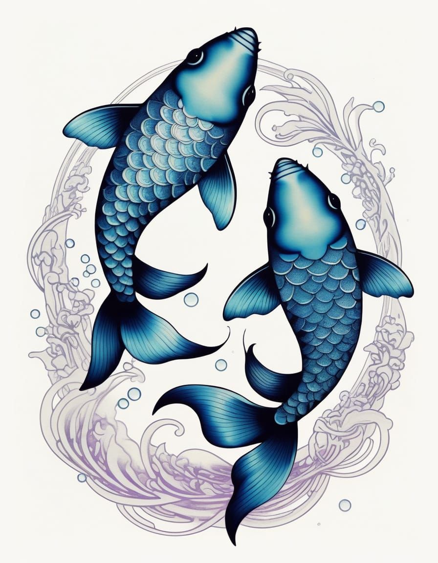 Surreal Zodiac Fish with Folk Art Patterns in Cosmic Void