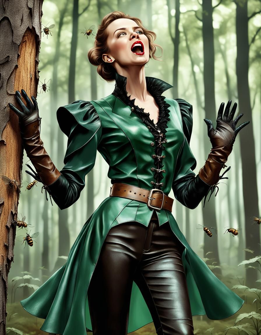 Woman Attacked by Wasps in Hyperrealistic Style