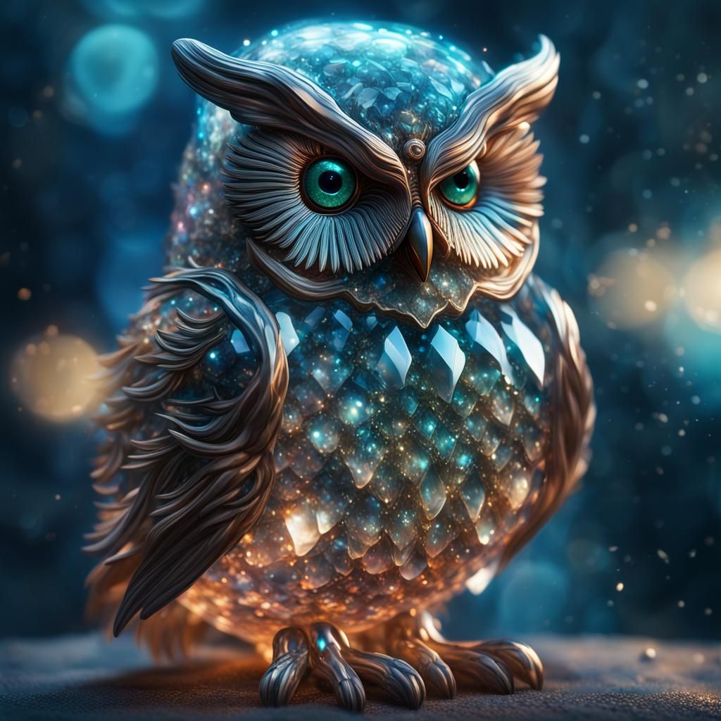 Bioluminescent Crystal Owl Underwater Digital Art
