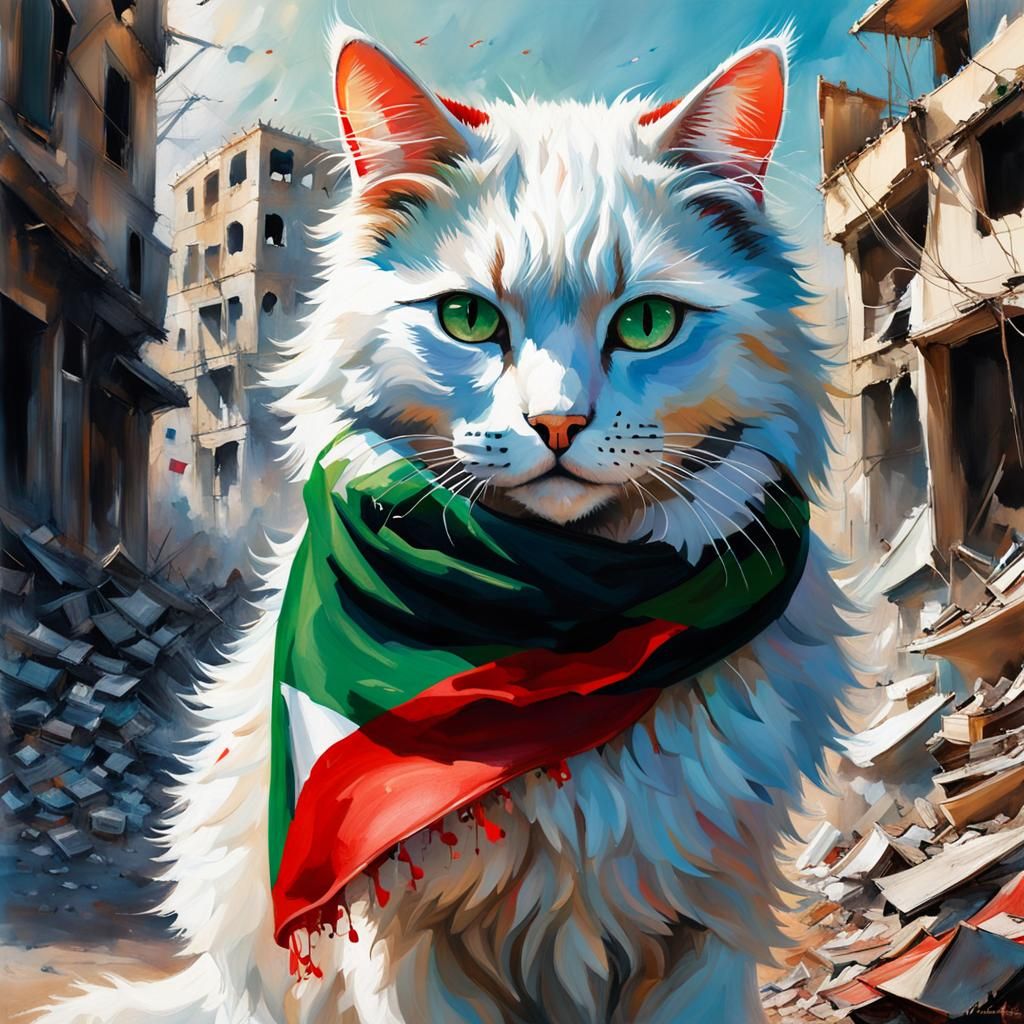 Palestinian Cat in Bombed City: Dark Fantasy Art
