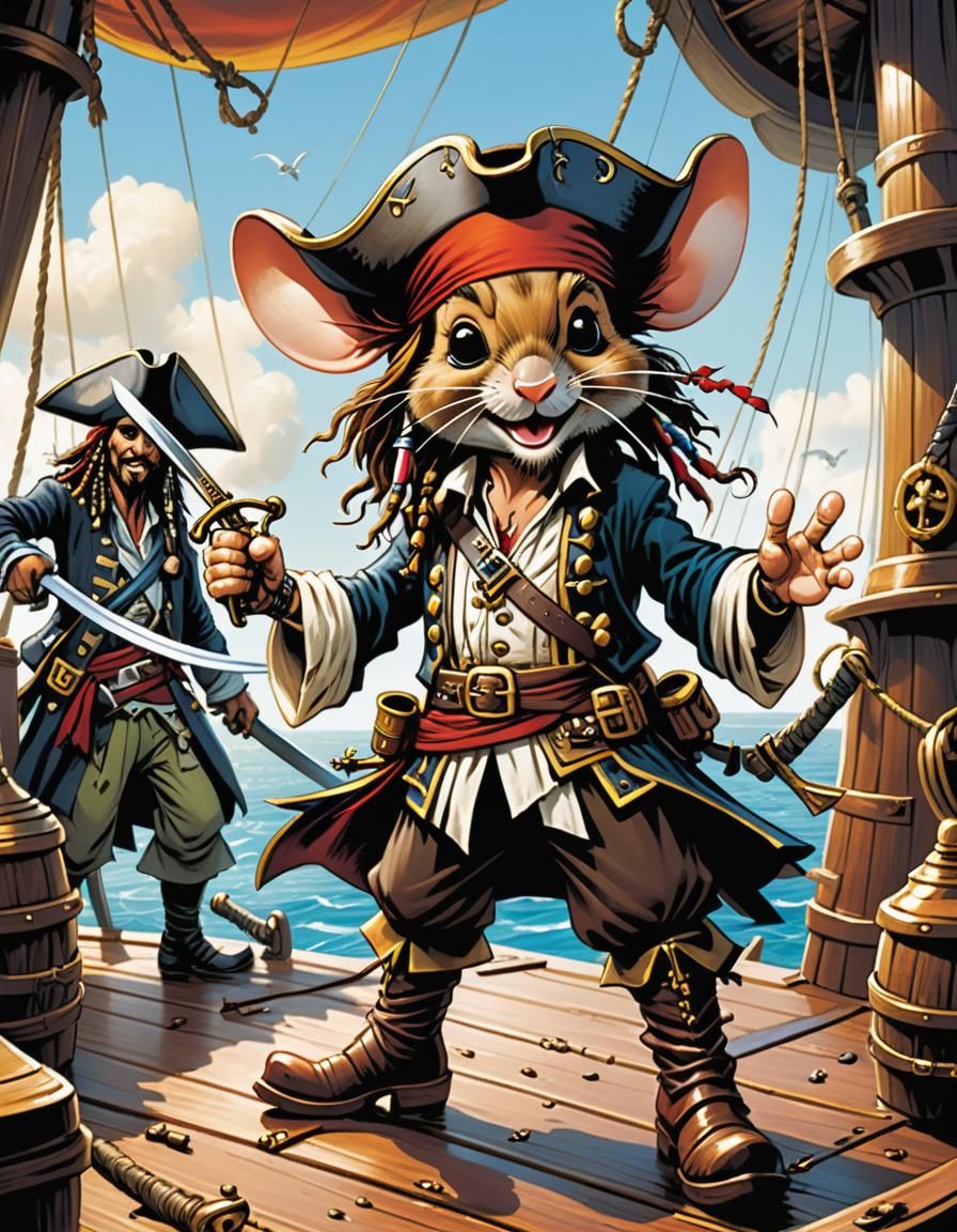 An anthropomorphic mouse dressed as Captain Jack Sparrow, we...