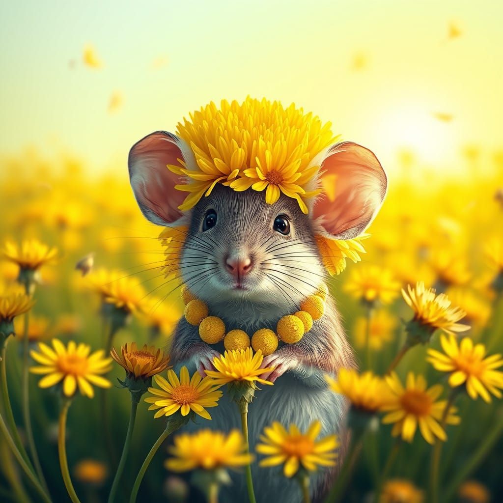 Mouse in a Vibrant Dandelion Crown