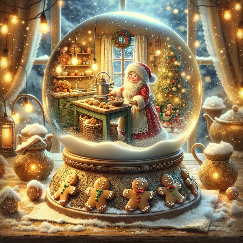 Mrs. Claus Baking Cookies Inside a Snow Globe