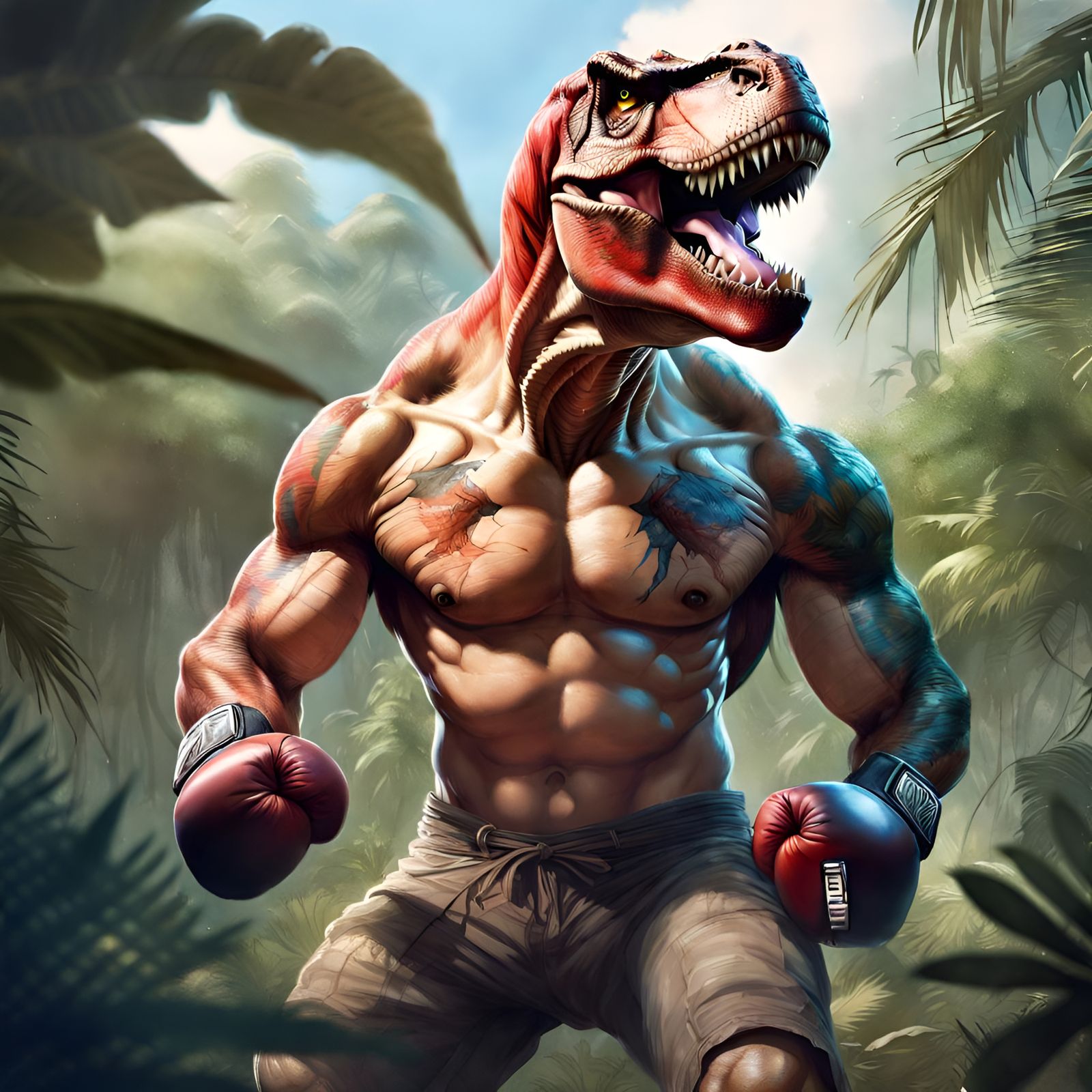 Muscular T-Rex Boxer in Jungle Concept Art