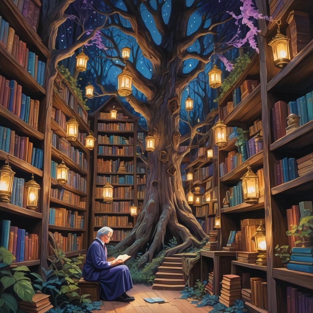 Enchanted Forest Librarian in Gouache Style