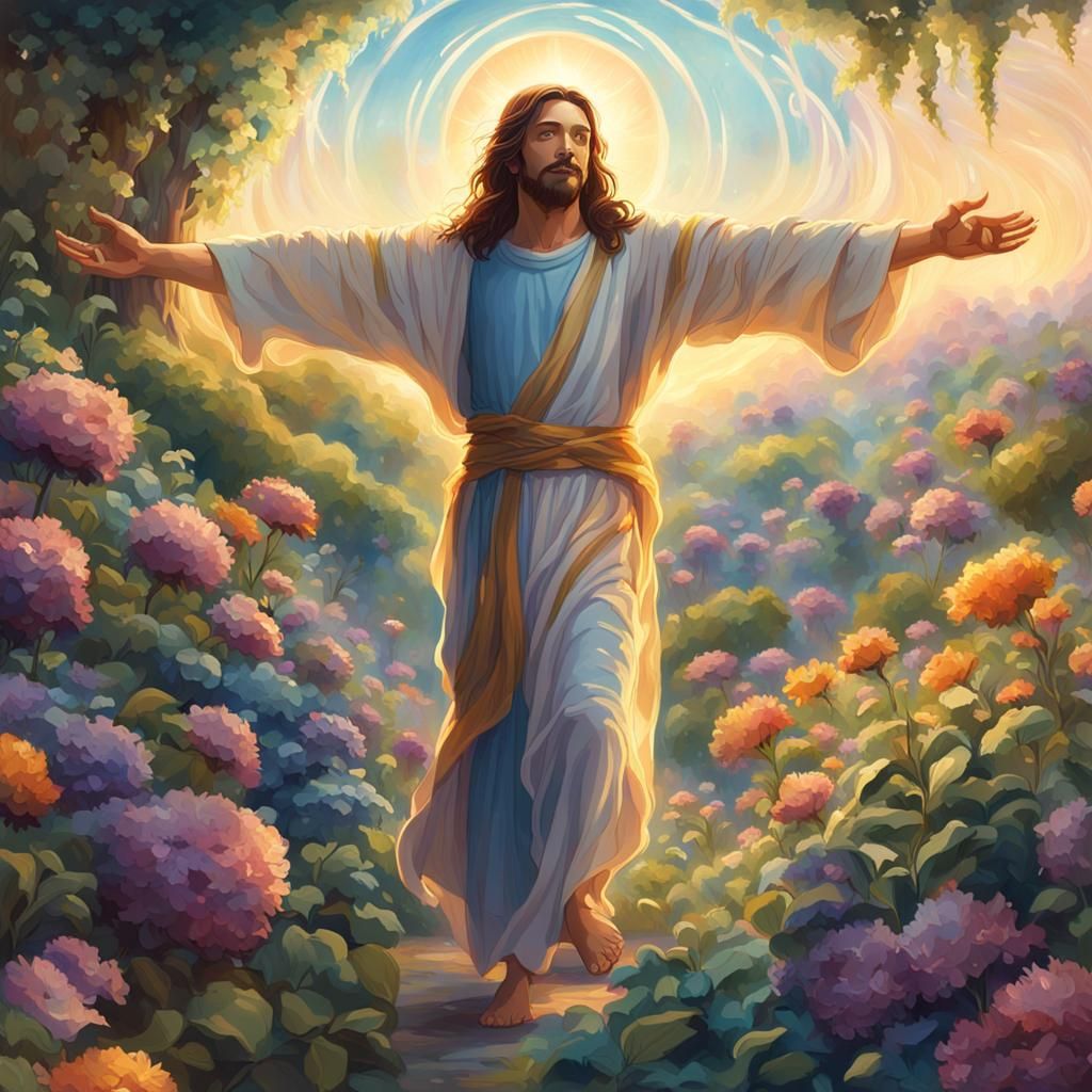 Jesus Dancing in Lush Garden: Fantasy Art