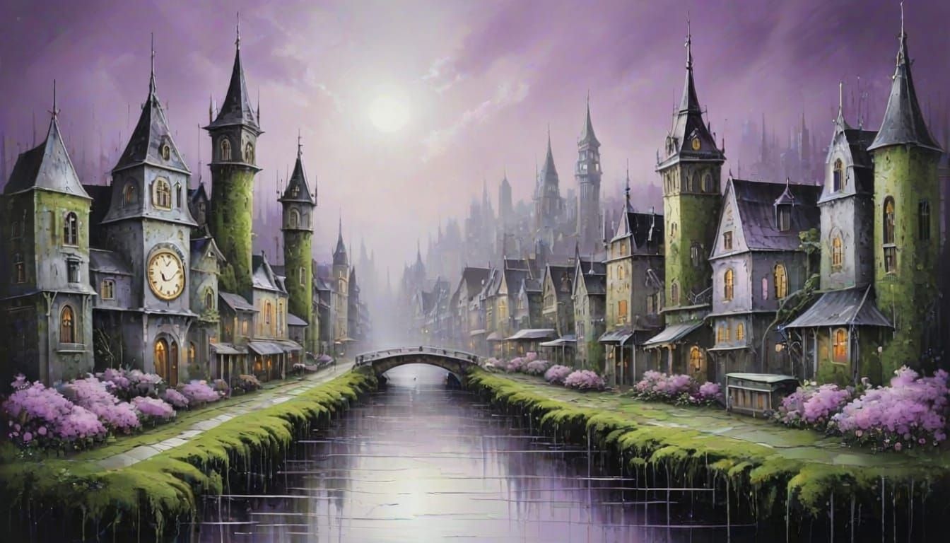 Dreary Silver Luxurious Clockpunk Cityscape Painting