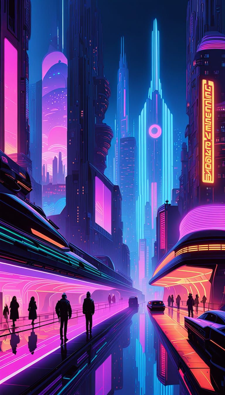 Cyberpunk Metropolis at Night with Vibrant Neon Hues