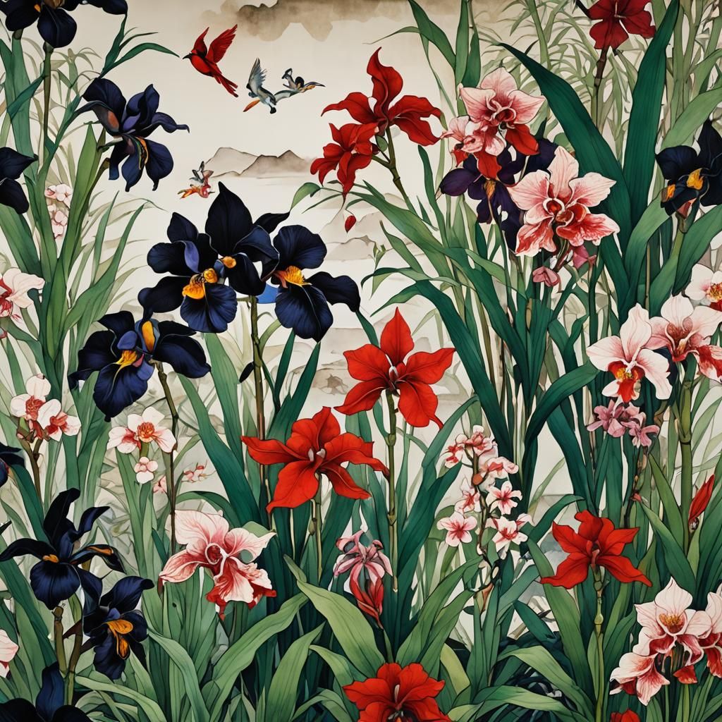 Surreal Landscape with Black Irises and Red Cardinal