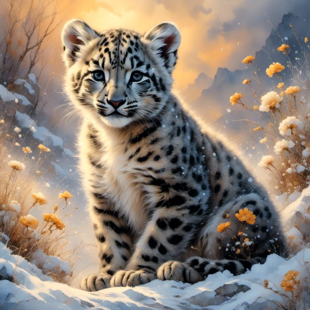 Snow Leopard Cub Playing in a Snowy Sunset