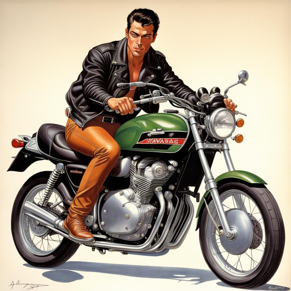Man on Motorcycle in Vargas Style Painting