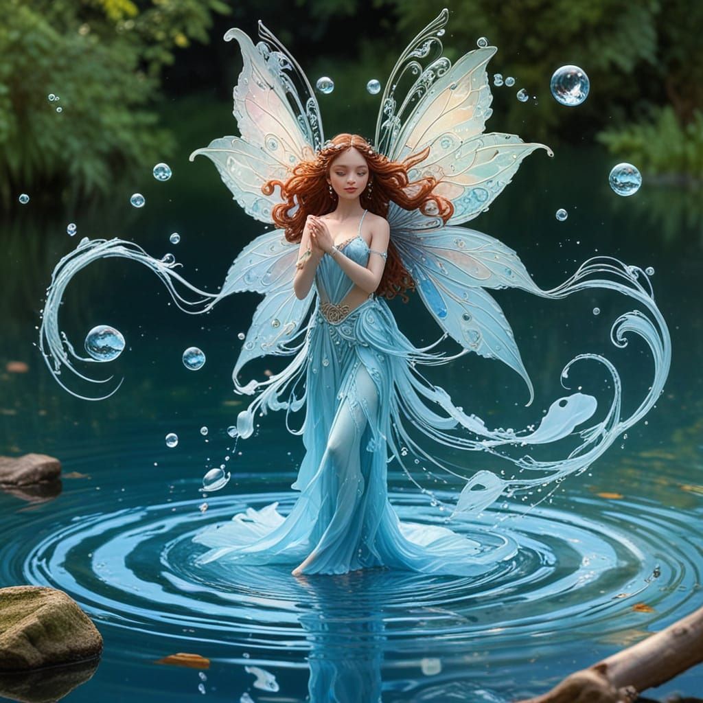 Dancing Water Fairy Playing Flute in Pastel Setting