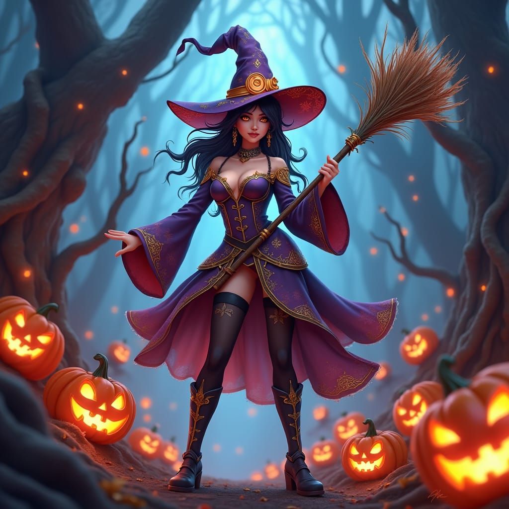 Halloween Witch in Mystical Autumn Forest