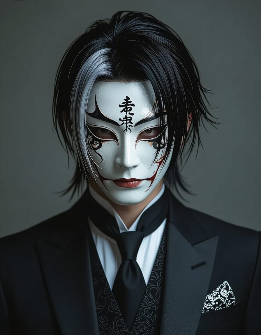 Kabuki Masked Man in Tailored Suit, Hyperrealistic