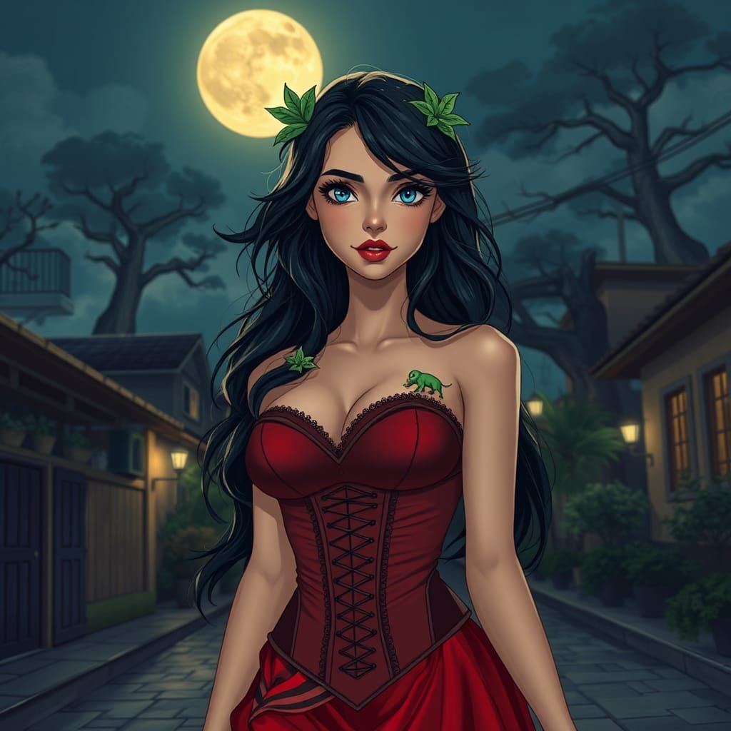 Night Girl with Frog Ornament, in Rackham-Miyazaki Style