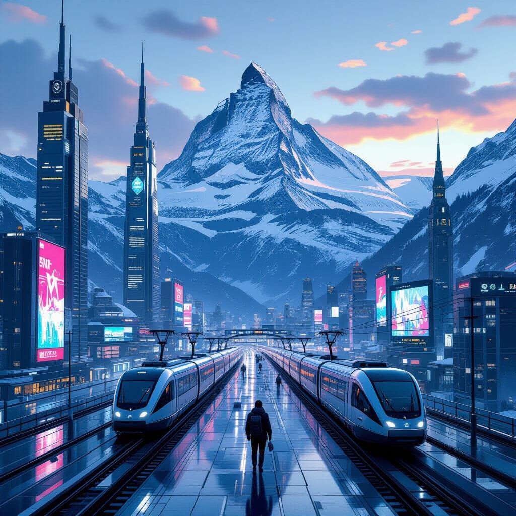 Futuristic Swiss Alps Metropolis in Cyberpunk Style