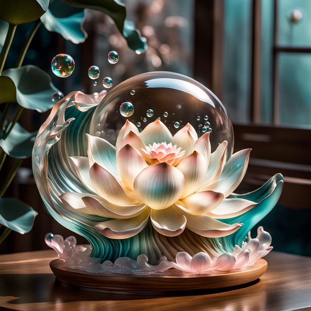 Surreal Sculpture: Turquoise Wave and Lotus in Bubble