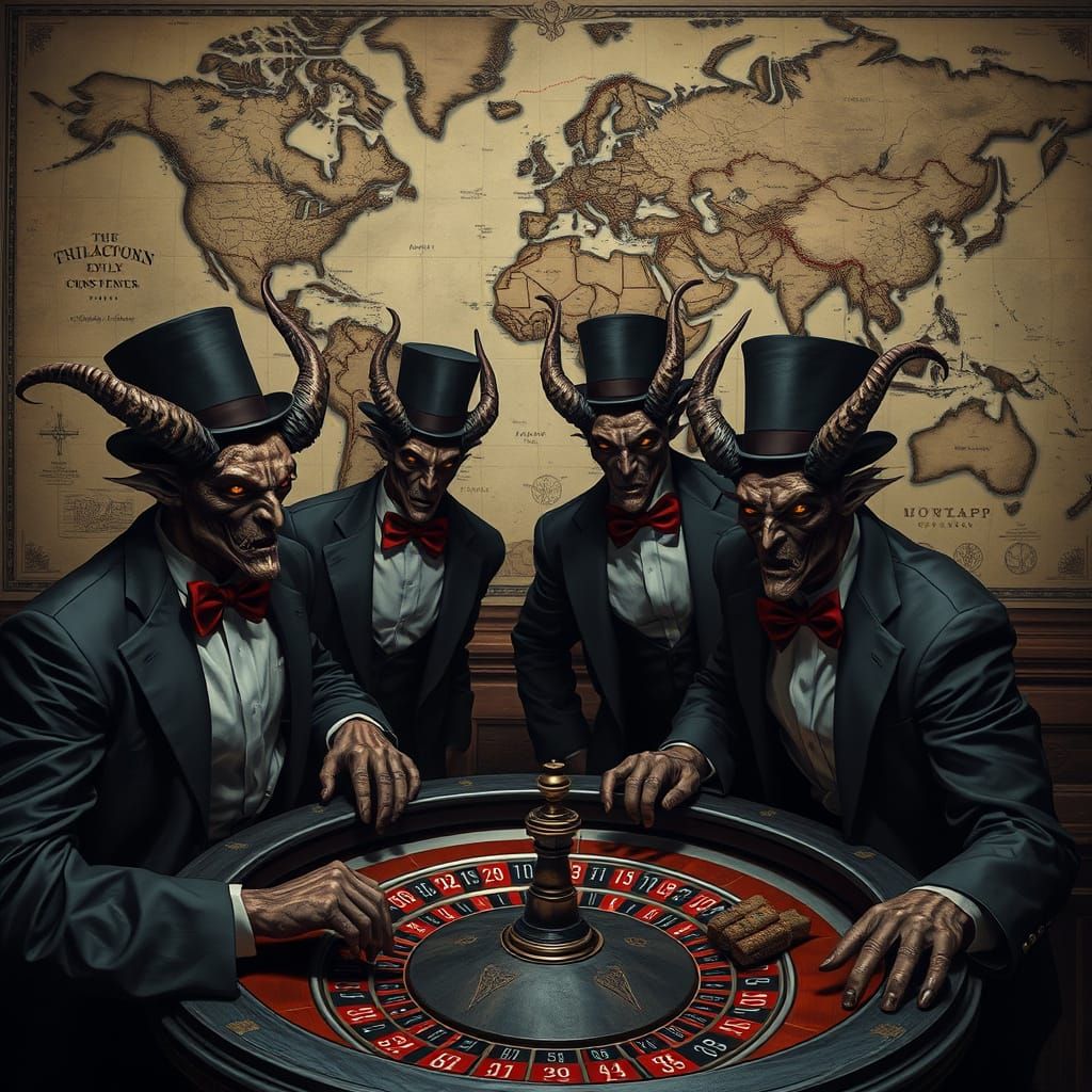 Demons Surround Roulette Craps Table in Hyperrealistic Style