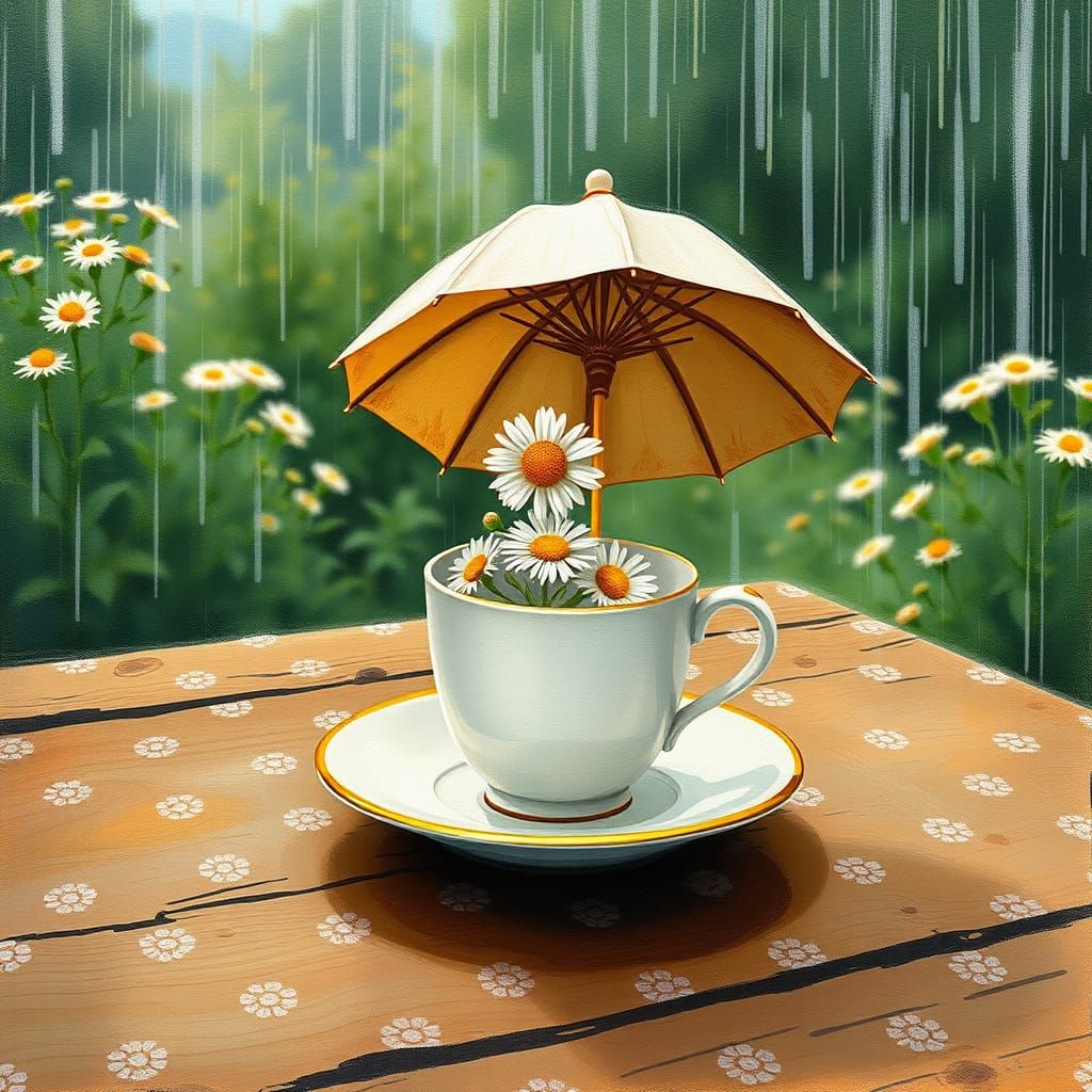 Chamomile Umbrella in Garden: Whimsical Art
