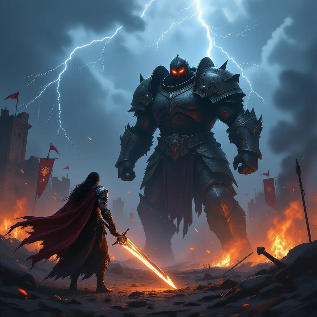 Warrior on Chaotic Battlefield Under Stormy Sky