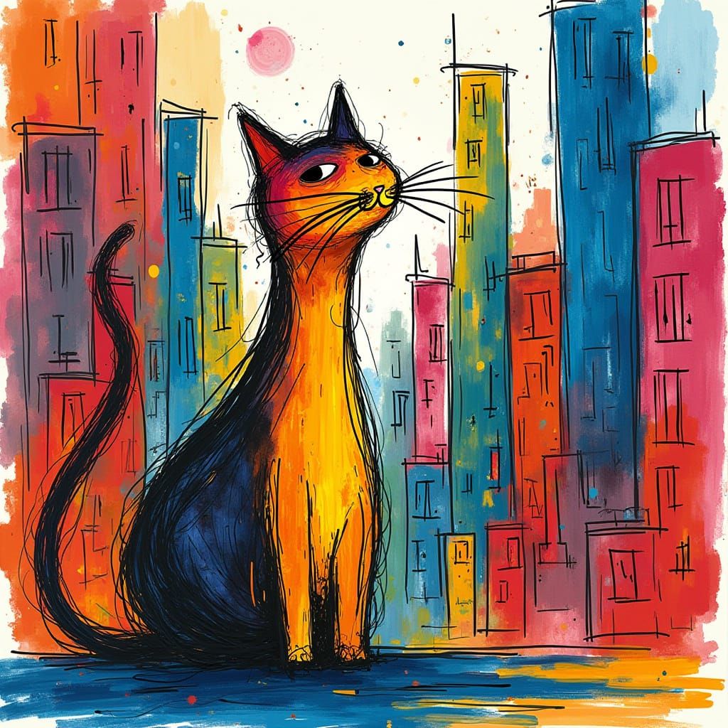 Abstract Cat in Vibrant Cityscape Drawing