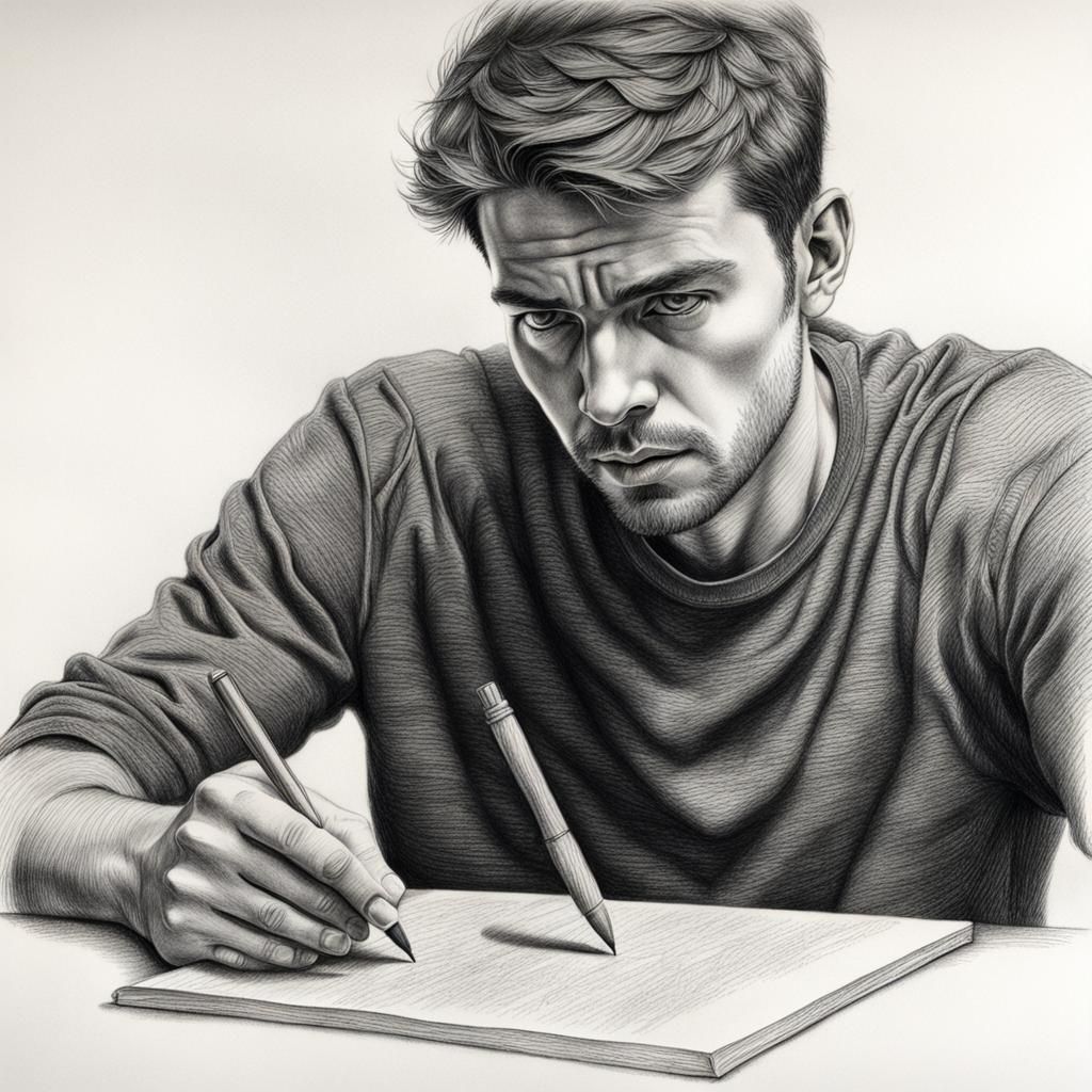 Charcoal Drawing: Young Man Facing Blank Page